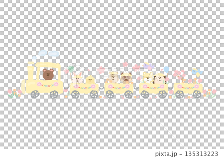 ふんわり春色 卒園・入園シリーズ｜校帽をかぶった動物列車イラスト素材 135313223