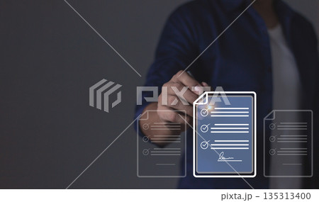 Young man with smartphone mobile hand touching to sign a Online Business Contract, Electronic signature, Contract signing, Digital documents, Future smart contract Young man with smartphone mobile hand touching to sign a Online Business Contract, Electronic signature, Contract signing, Digital documents, Future smart contract 135313400