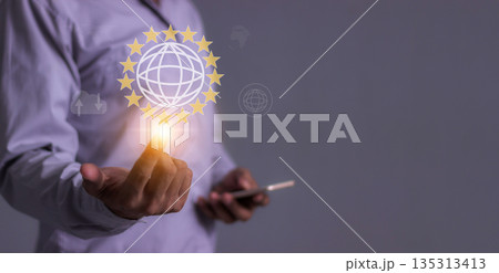 Young man hand using smartphone to Interconnect, Interconnected Concept; People connect via wireless internet in a world of digital technology and communications that connect freely around the world 135313413