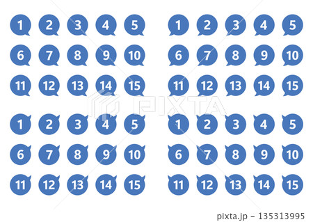 吹き出しの番号マークのセット　「1」から「15」まで　4方向　背景透過　青色 135313995