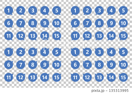 吹き出しの番号マークのセット　「1」から「15」まで　4方向　背景透過　青色 135313995