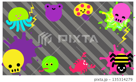 毒々しい色合いで描いたかわいい毒の生き物キャラクターイラストセット 135314279