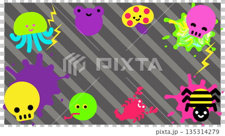 一組用有毒顏色繪製的可愛毒物角色插畫。 135314279