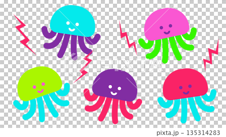 Colorful and cute poisonous jellyfish character illustration set Colorful and cute poisonous jellyfish character illustration set 135314283