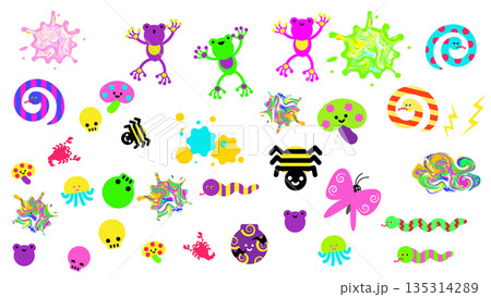 毒々しいモチーフを集めたかわいいキャラクターと背景のイラスト素材セット 135314289