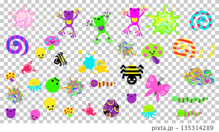 毒々しいモチーフを集めたかわいいキャラクターと背景のイラスト素材セット 135314289