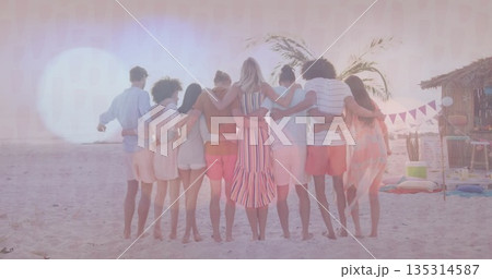 Standing friends linking arms facing ocean on sandy beach at sunset, with palm tree and bunting Standing friends linking arms facing ocean on sandy beach at sunset, with palm tree and bunting 135314587