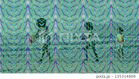 Standing family trio on wooden floor in gallery, showing neon geometric pattern on draped backdrop 135314809