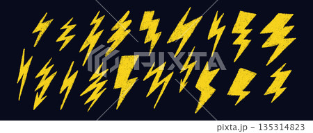 Doodle crayon lightning symbol. Hand drawn chalk lightning with grunge texture. Graphic element for fun collages. Crayon doodle yellow thunder. Vector pencil illustration isolated on black background 135314823