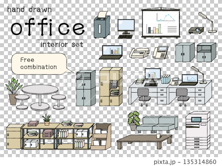A set of rearrangeable line drawing office interior illustrations 135314860