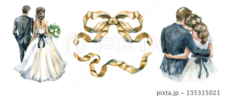 Elegant watercolor wedding clipart set featuring two romantic depictions of a bride and groom walking together and another in a warm embrace centered around a luxurious golden bow and flowing ribbon. 135315021