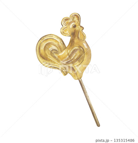Watercolor illustration of vintage rooster shaped lollipop on a stick. Traditional sweet candy, retro dessert, hand painted food art isolated on white background. Nostalgic childhood treat, festive 135315486