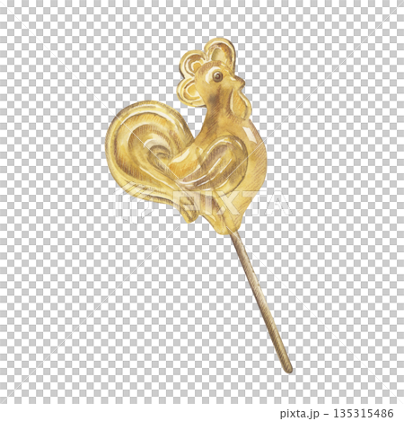 Watercolor illustration of vintage rooster shaped lollipop on a stick. Traditional sweet candy, retro dessert, hand painted food art isolated on white background. Nostalgic childhood treat, festive 135315486