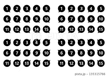 吹き出しの番号マークのセット　「1」から「15」まで　4方向　背景透過　モノクロ 135315766