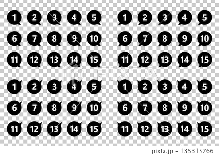 吹き出しの番号マークのセット　「1」から「15」まで　4方向　背景透過　モノクロ 135315766