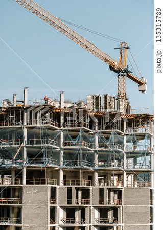 Construction of a building. Construction site with crane. Business, development, industry. 135315789