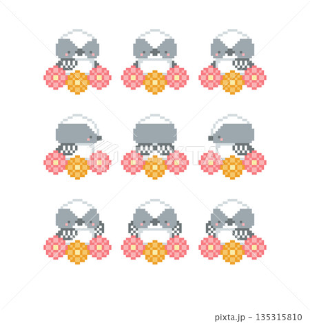 赤色の花とシマエナガの雛のドット絵 135315810