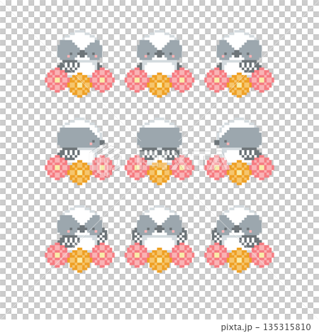 赤色の花とシマエナガの雛のドット絵 135315810