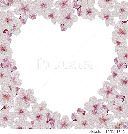 【桜の花のハートフレーム】手刺繍イラスト素材 135315843