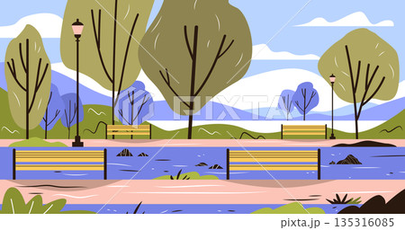 Park landscape benches trees river nature scene flat colorful outdoor background with lamp posts and mountains template Park landscape benches trees river nature scene flat colorful outdoor background with lamp posts and mountains template 135316085