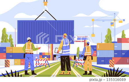 Construction workers supervising cargo container loading logistics teamwork industrial site cranes safety vests modern flat design banner 135316089