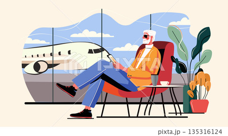 Senior man waiting airport lounge airplane window plants coffee cup modern travel concept colorful background website banner Senior man waiting airport lounge airplane window plants coffee cup modern travel concept colorful background website banner 135316124