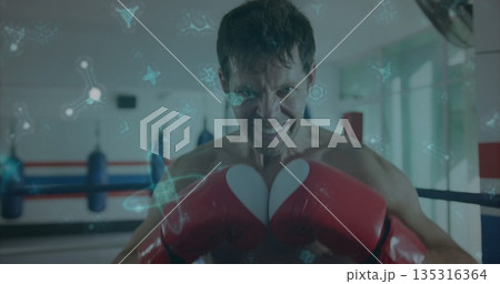 Standing shirtless boxer wearing red gloves and shorts in gym ring, with molecular network overlay Standing shirtless boxer wearing red gloves and shorts in gym ring, with molecular network overlay 135316364