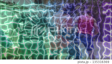 Running group of four adults wearing workout clothes along wooded trail, with neon grid overlay 135316369