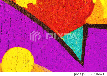 Abstract Red Yellow Purple Blue Geometric Wall Mural with Black Outlines, Modern 90s Street Art Abstract Red Yellow Purple Blue Geometric Wall Mural with Black Outlines, Modern 90s Street Art 135316621