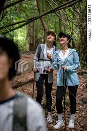 Asian tourist woman friends standing looking up while holding binocular in forest hiking or trekking Asian tourist woman friends standing looking up while holding binocular in forest hiking or trekking 135316641