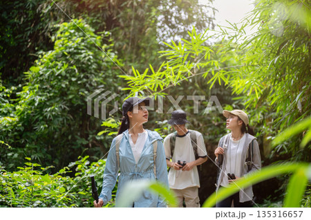 Woman tourist with a cane walking ahead leading a man and friend during forest hiking or trekking Woman tourist with a cane walking ahead leading a man and friend during forest hiking or trekking 135316657