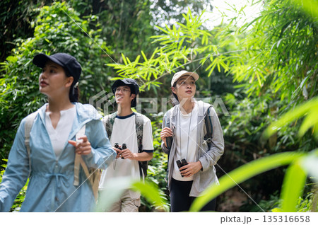 Woman tourist talking while walking ahead leading a man and friend during forest hiking or trekking. Woman tourist talking while walking ahead leading a man and friend during forest hiking or trekking. 135316658