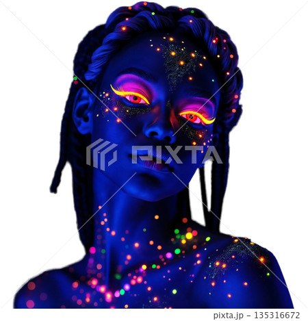 The image shows a model with bright fluorescent makeup and body art 135316672
