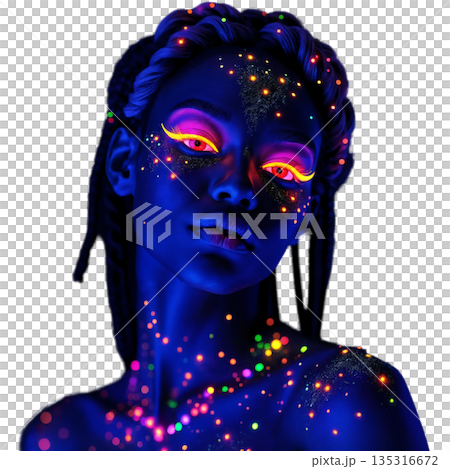 The image shows a model with bright fluorescent makeup and body art 135316672