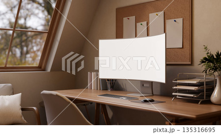 White curved screen computer and stationary on wooden table and chair in attic living room or office White curved screen computer and stationary on wooden table and chair in attic living room or office 135316695