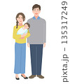 赤ちゃんを抱っこしている若い夫婦の全身イラスト 135317249
