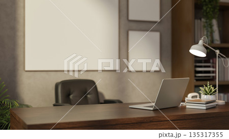A wooden armchair with pillow and blanket with side table at room corner near loft wall and window 135317355