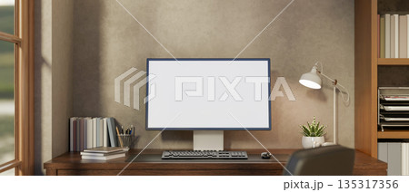 A wooden armchair with pillow and blanket with side table at room corner near loft wall and window A wooden armchair with pillow and blanket with side table at room corner near loft wall and window 135317356