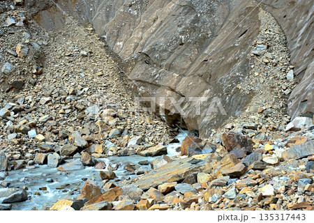 Chalaadi Glacier, ice, moraine and snow in the Caucasus Mountains in autumn, Mestia, Svaneti, Georgia. Chalaadi Glacier, ice, moraine and snow in the Caucasus Mountains in autumn, Mestia, Svaneti, Georgia. 135317443