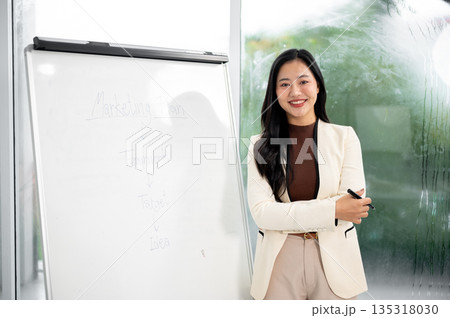 Smart asian businesswoman or office worker holding pen standing arms crossed in front of whiteboard. Smart asian businesswoman or office worker holding pen standing arms crossed in front of whiteboard. 135318030