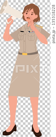 government officer making public announcement with megaphone female civil servant illustration 135318228