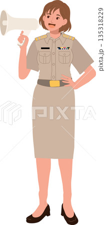 civil servant woman in official uniform speaking through megaphone civil servant woman in official uniform speaking through megaphone 135318229