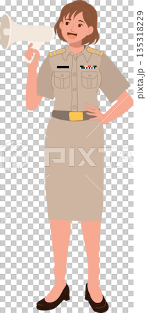civil servant woman in official uniform speaking through megaphone civil servant woman in official uniform speaking through megaphone 135318229