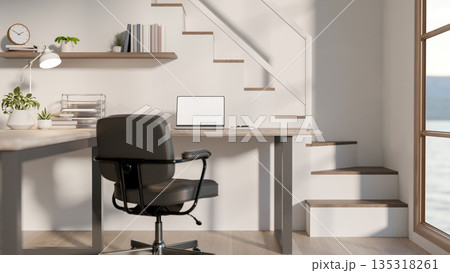 Working table and swivel chair beside stairway and white wall on wooden floor of a modern house. Working table and swivel chair beside stairway and white wall on wooden floor of a modern house. 135318261