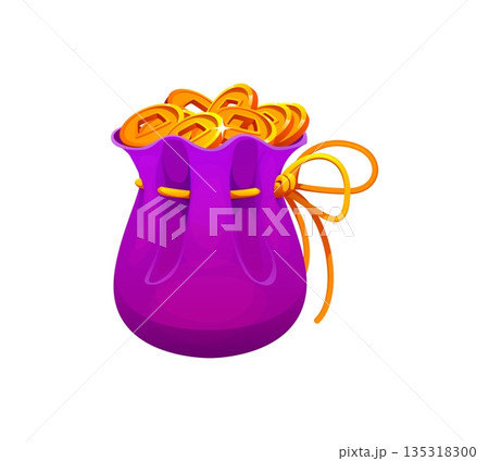 Chinese Lunar New Year happy bag or lucky money poach, cartoon vector. CNY holiday symbol of immense good fortune, wealth, and prosperity, lucky bag with money golden coins for Chinese Lunar New Year Chinese Lunar New Year happy bag or lucky money poach, cartoon vector. CNY holiday symbol of immense good fortune, wealth, and prosperity, lucky bag with money golden coins for Chinese Lunar New Year 135318300