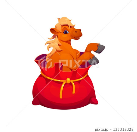 Chinese New Year funny cartoon horse in gift bag for CNY holiday, vector character. Chinese New Year cheerful horse horoscope animal in traditional Asian red presents bag for holiday greeting Chinese New Year funny cartoon horse in gift bag for CNY holiday, vector character. Chinese New Year cheerful horse horoscope animal in traditional Asian red presents bag for holiday greeting 135318328