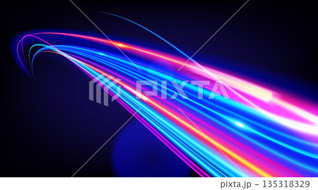 Abstract high-speed neon light trails on dark background 135318329