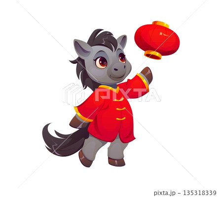 Cartoon Chinese Lunar New Year horse foal character. Adorable pony in traditional red and gold Chinese costume, launching red paper lantern. Sweet vector personage for festive card, or cultural mascot 135318339