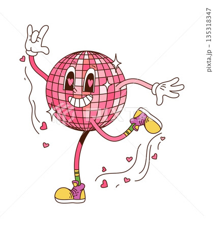 Cartoon groovy hippie Valentine disco ball character with hearts, exuding love vibe. Isolated vector funky personage with trendy hippie sneakers and cheerful expression enjoying retro dance party 135318347