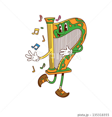 Cartoon groovy Irish harp character, Saint Patrick's day holiday retro personage. Vector vintage musical instrument with musical notes around, playing festive music on its strings exudes festive mood Cartoon groovy Irish harp character, Saint Patrick's day holiday retro personage. Vector vintage musical instrument with musical notes around, playing festive music on its strings exudes festive mood 135318355